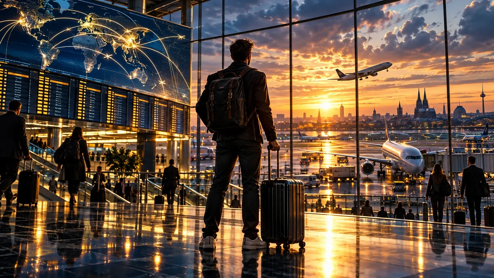 Ein Reisender mit Koffer blickt in einem internationalen Flughafen auf Abfluganzeigen und startende Flugzeuge – Titelbild zum Thema Auswandern aus Deutschland.