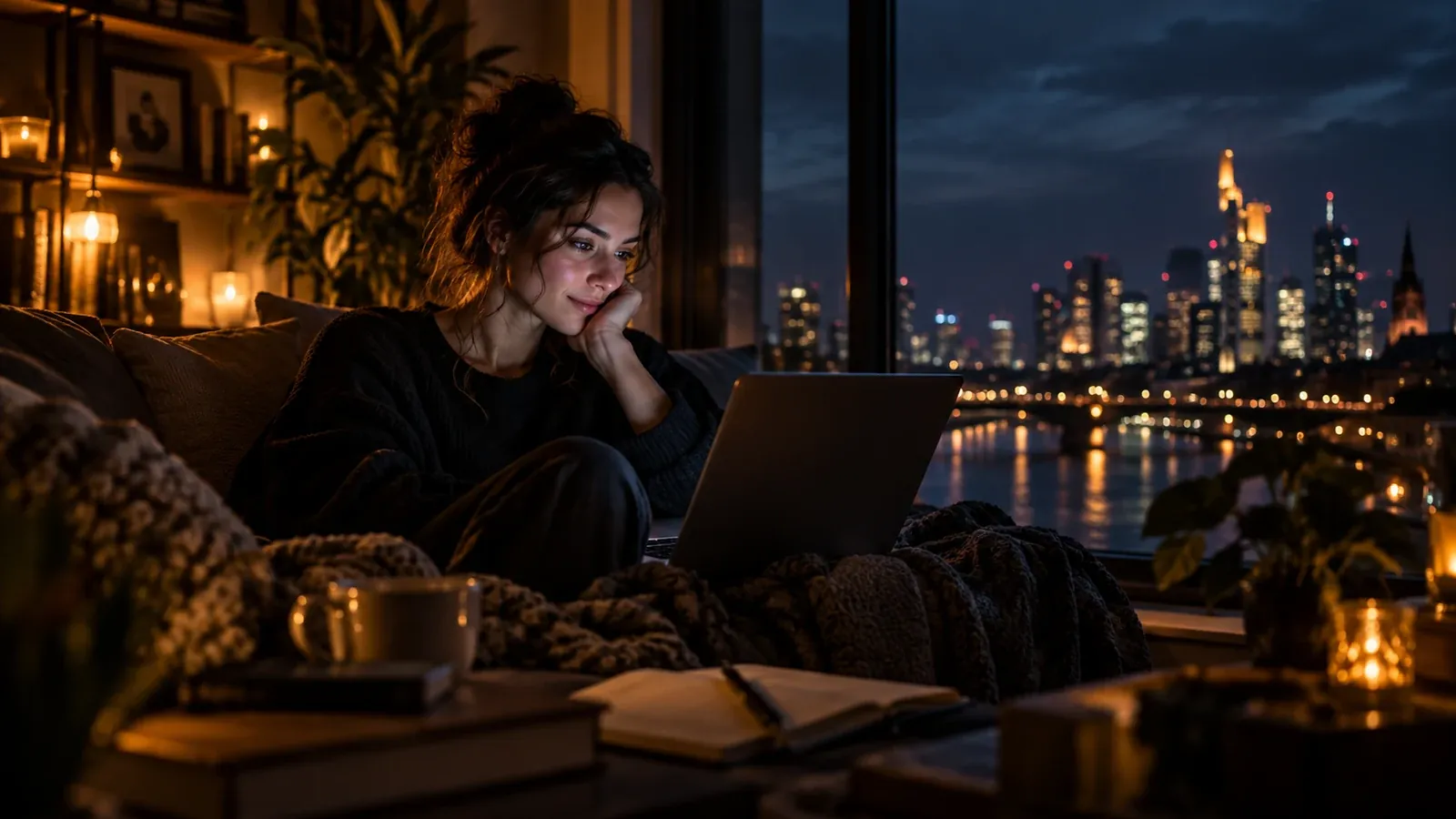 Eine Frau nutzt am Abend einen Laptop vor einer beleuchteten Großstadt – Titelbild zum Artikel über ChatGPT als Gesprächspartner.