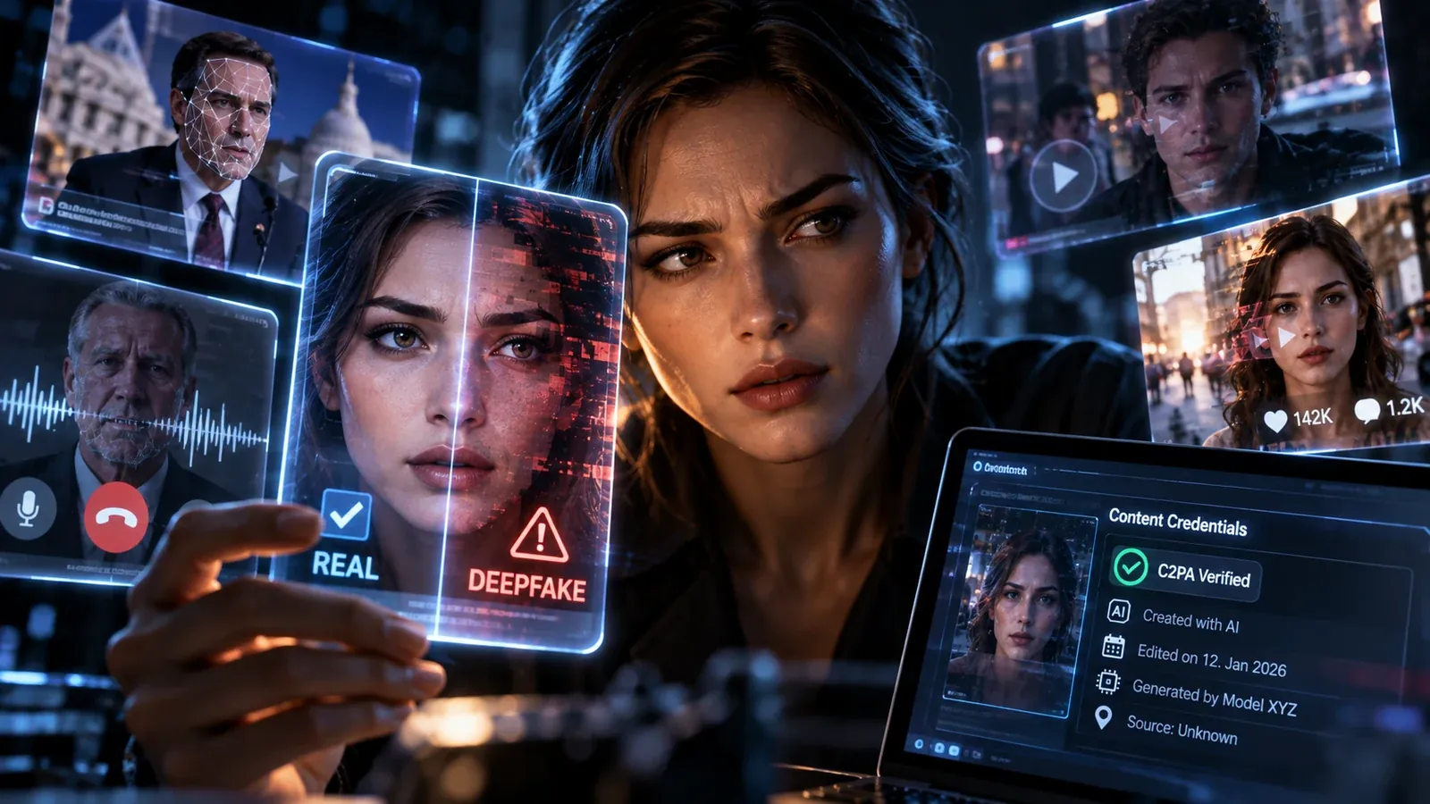 Eine Frau prüft digitale Medien auf einer futuristischen Oberfläche, die zwischen realen und manipulierten Inhalten unterscheidet.