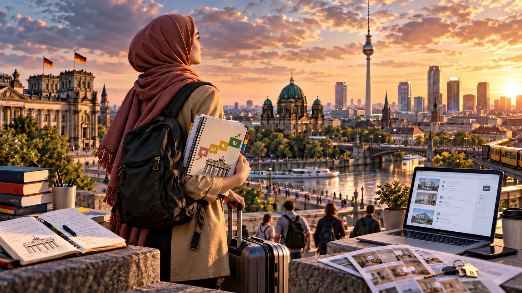Deutsch lernen für Deutschland 2026: junge Frau mit Lernunterlagen vor der Berliner Skyline, Reichstag und Fernsehturm.