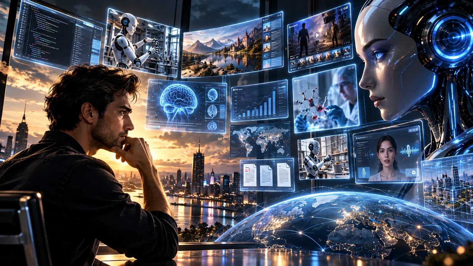 Ein Mensch betrachtet eine futuristische KI mit digitalen Darstellungen von Code, Robotik, Forschung und Medien.