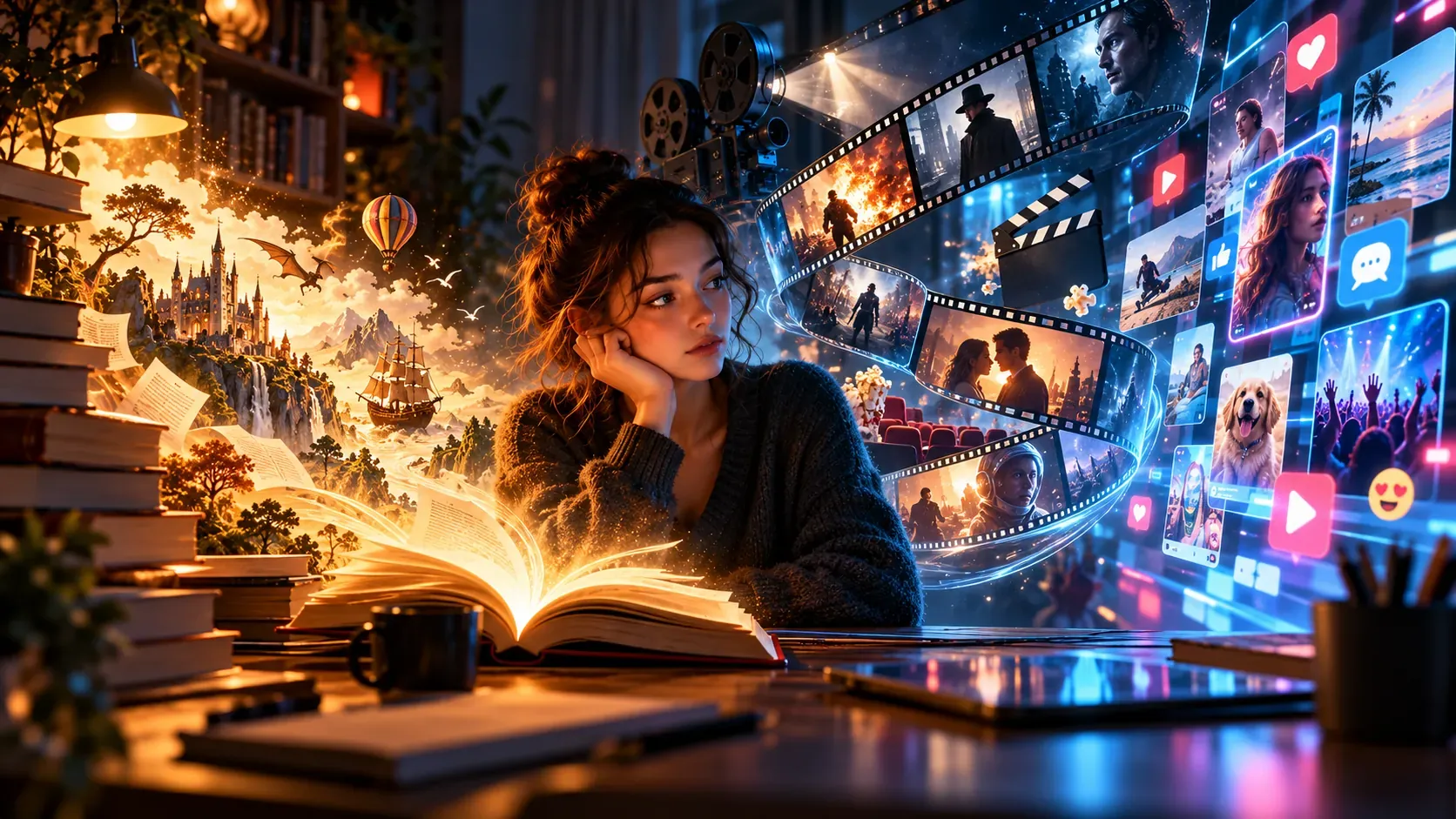 Eine junge Frau sitzt zwischen einem offenen Buch, einer fantasievollen Bücherwelt, Filmstreifen und Social-Media-Inhalten – Titelbild zum Artikel über Lesen und digitalen Medienkonsum.