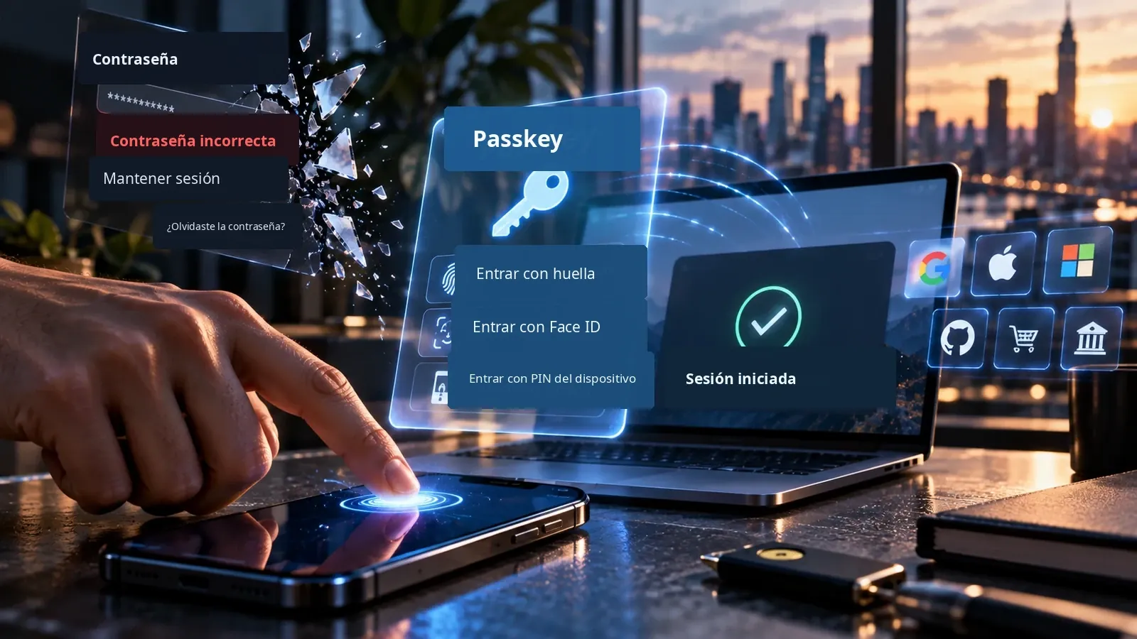 Un teléfono inicia sesión con una passkey mientras una pantalla de contraseña se rompe.