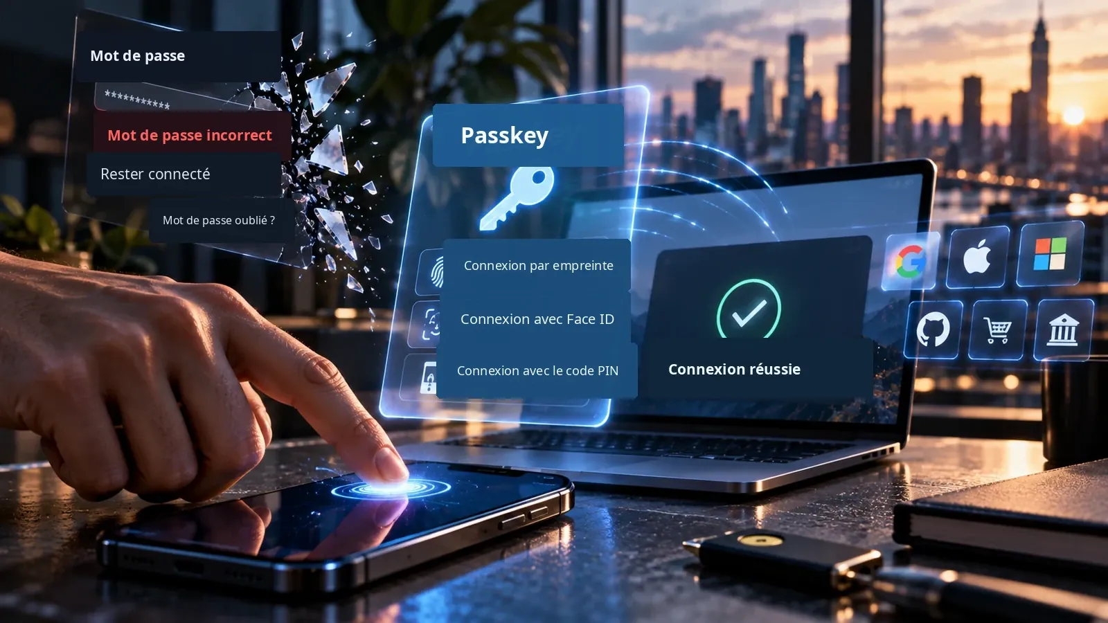 Un smartphone authentifie un utilisateur avec une passkey tandis qu’un écran de mot de passe se brise.