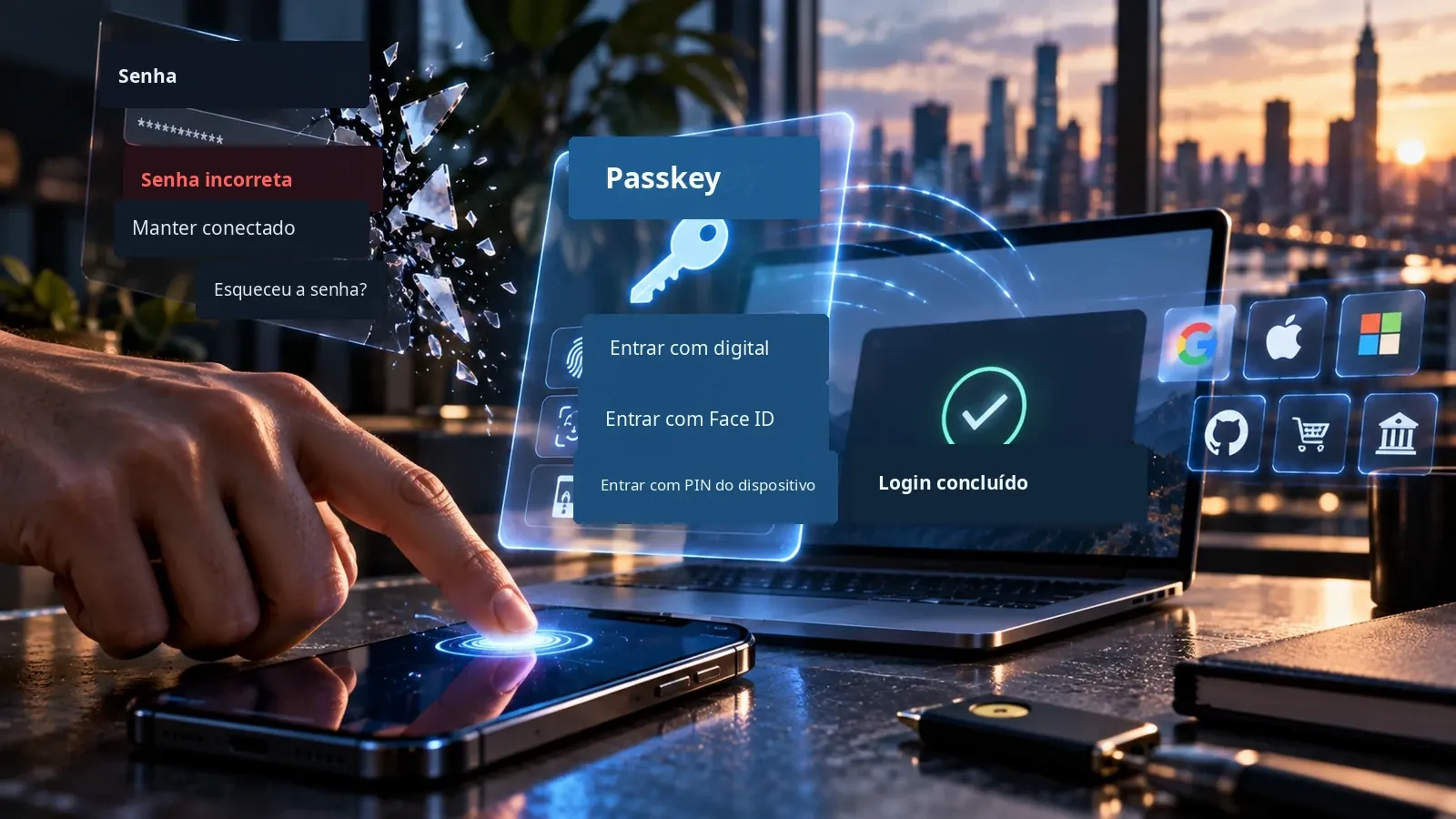Um smartphone autentica o usuário com uma passkey enquanto uma tela de senha se desfaz.
