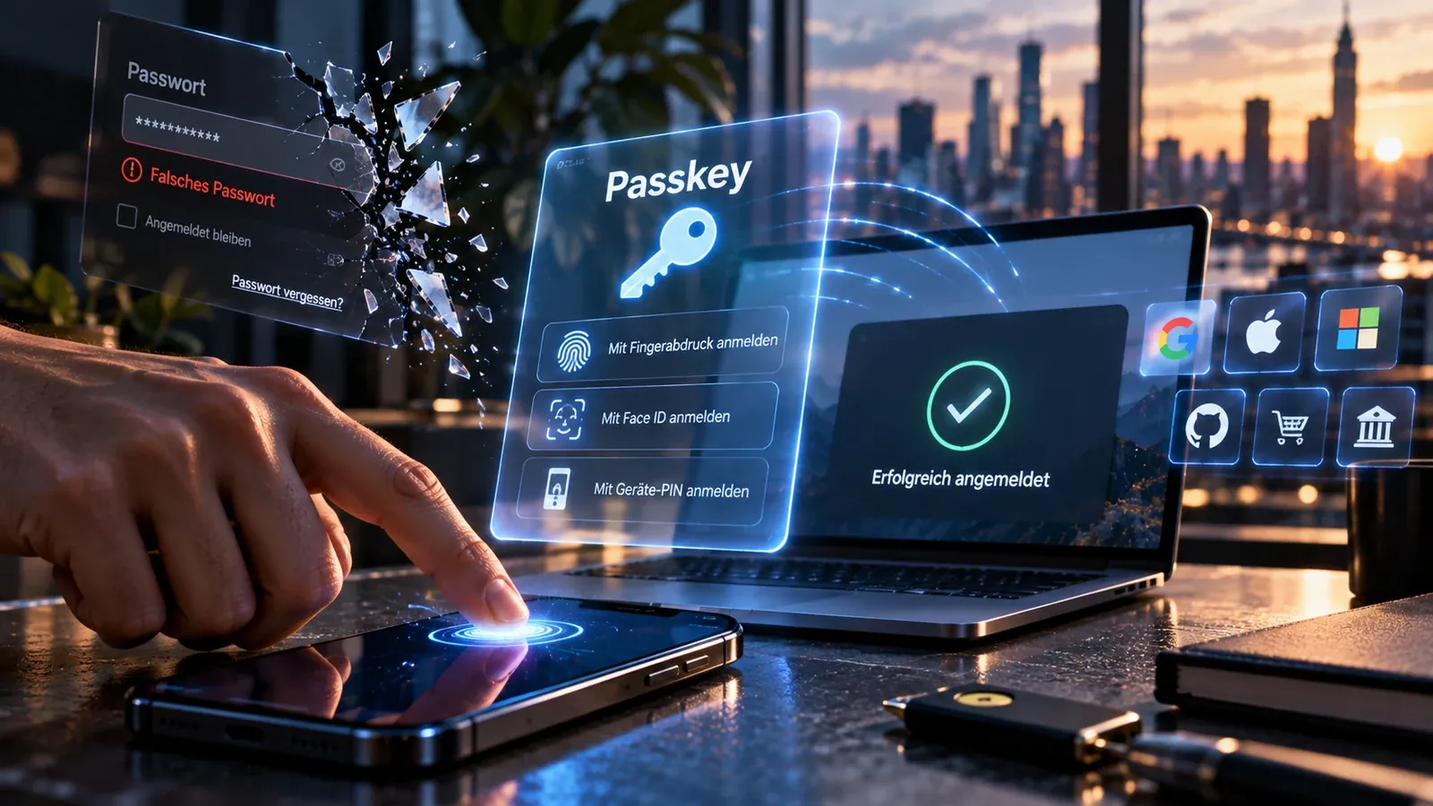 Ein Smartphone meldet einen Nutzer per Passkey an, während ein klassisches Passwortfeld im Hintergrund zerbricht.