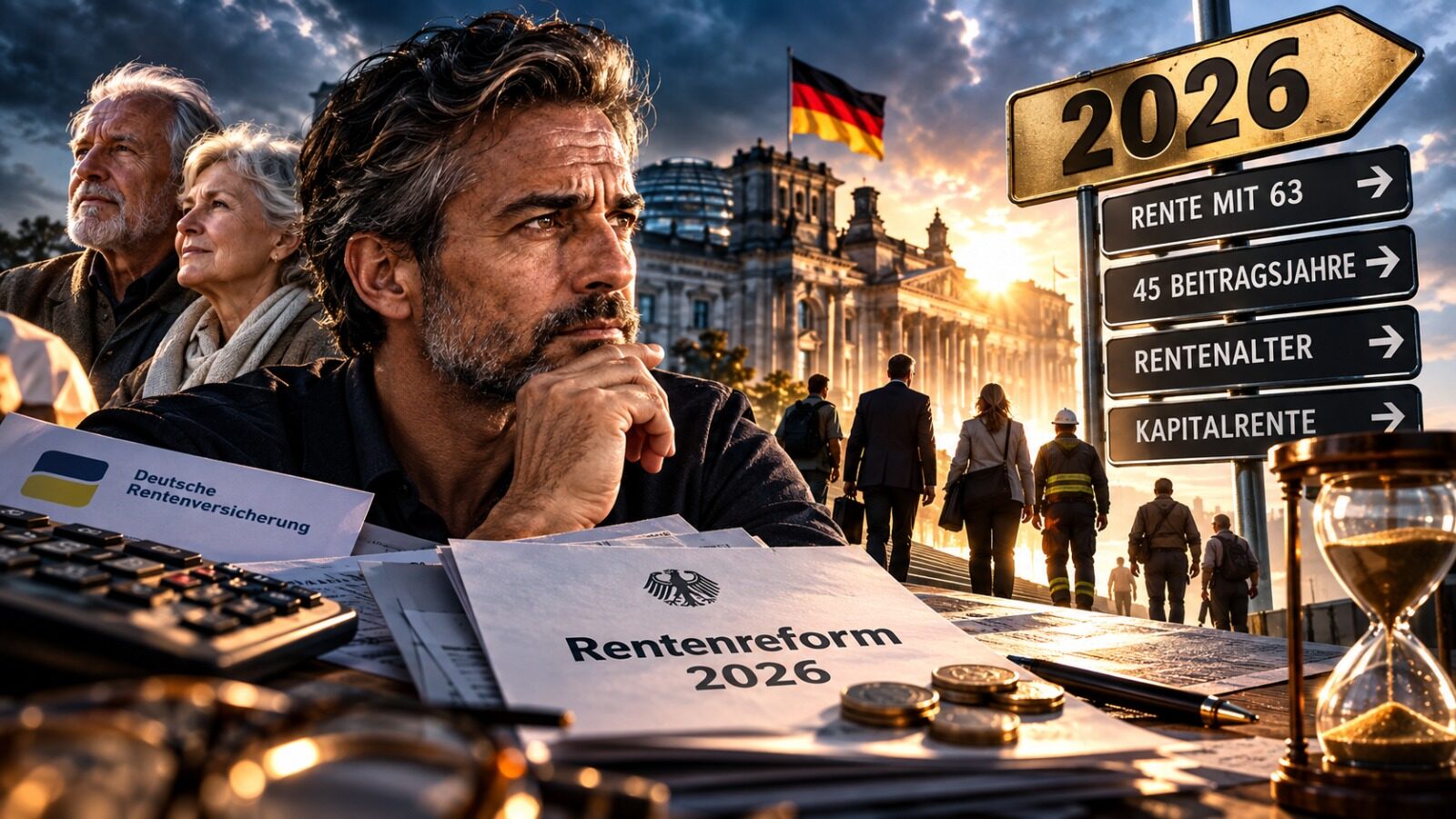 Cinematisches Titelbild zur Rentenreform 2026 mit Arbeitnehmern, Rentnern, Reichstag, Wegweisern zu Rente mit 63, 45 Beitragsjahren, Rentenalter und Kapitalrente sowie Unterlagen zur Deutschen Rentenversicherung.