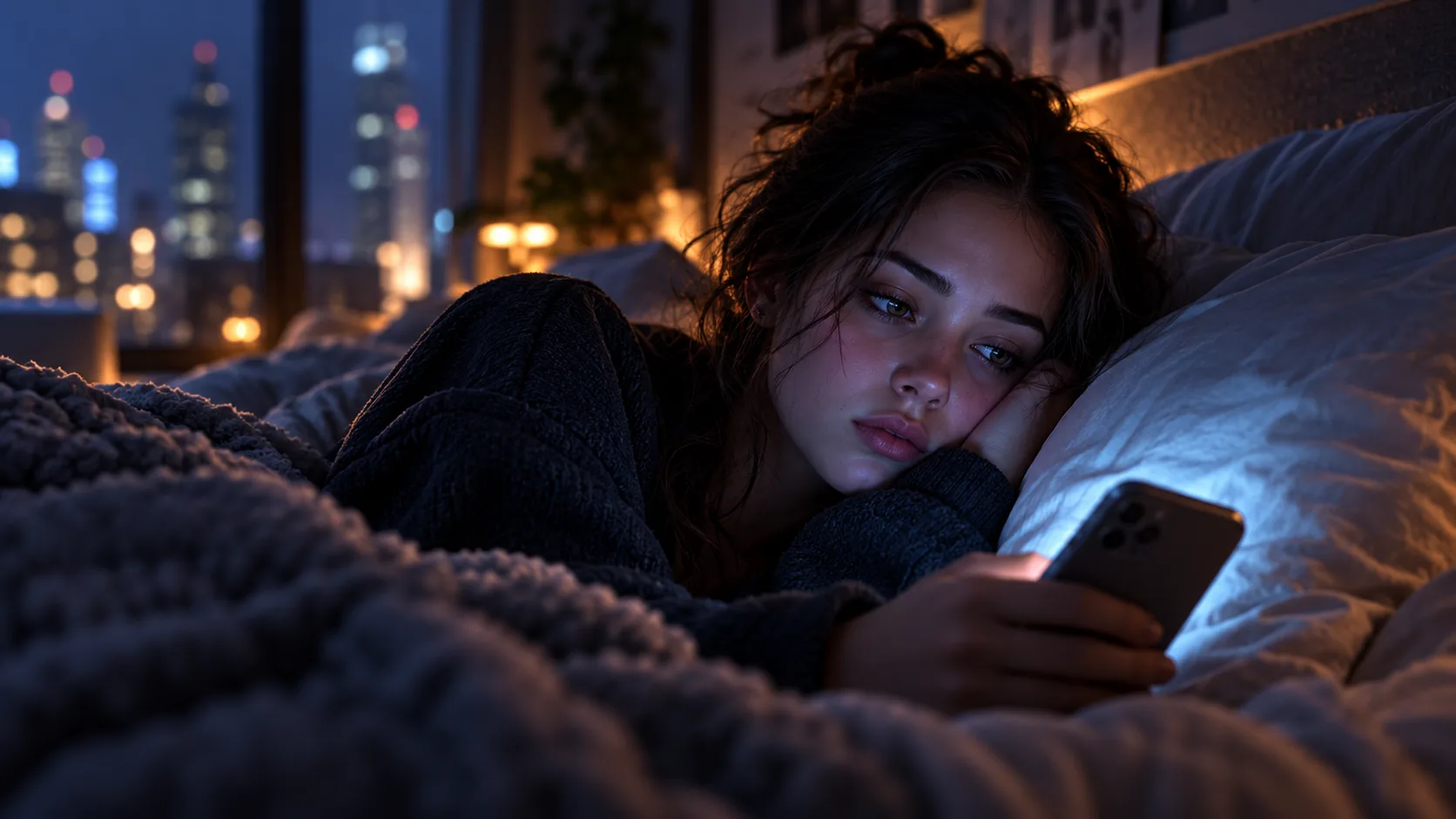 Eine junge Frau liegt nachts nachdenklich und unglücklich mit ihrem Smartphone im Bett – Titelbild zum Thema Einsamkeit trotz sozialer Medien.